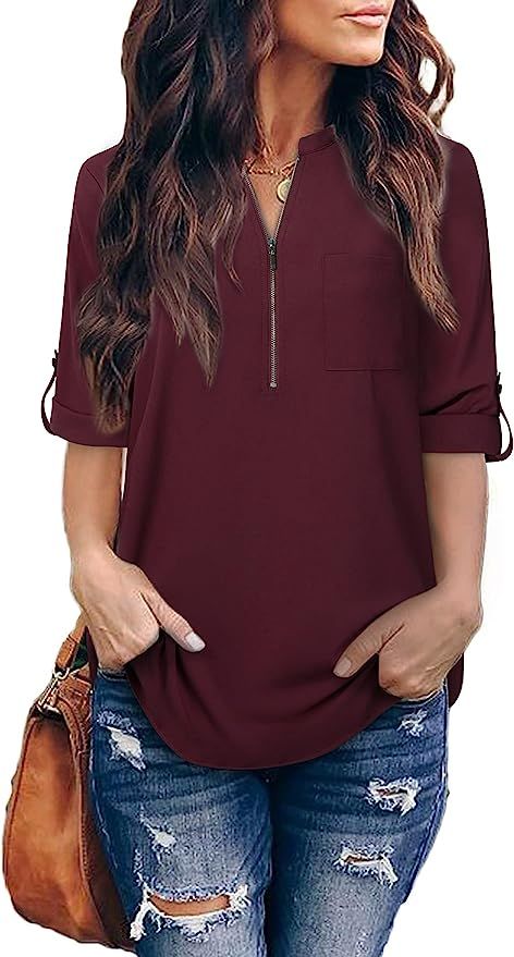 Furnex Women's V Neck Chiffon Blouse Half Zip up Casual Tunic Shirts | Amazon (US)