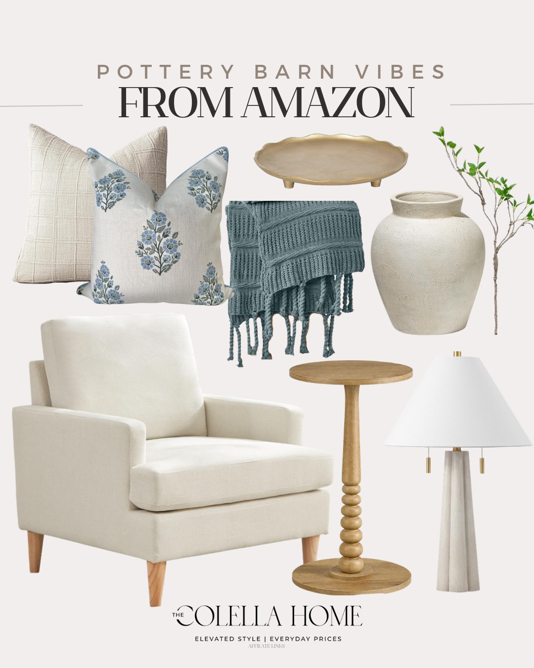 Designer looks for less includes accent chair, side tables, table lamp, vase, greenery stem, gold tray, throw blanket, throw pillows.

Home decor, designer looks for less, home accents 

#LTKSeasonal #LTKvlog #LTKHome