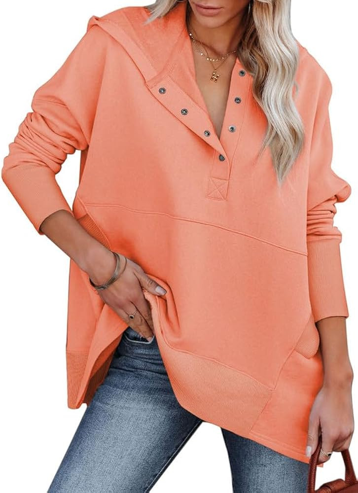 SHEWIN Womens Oversized Sweatshirt Hoodies Casual Button V Neck Hooded Pullover Tops with Pocket | Amazon (US)