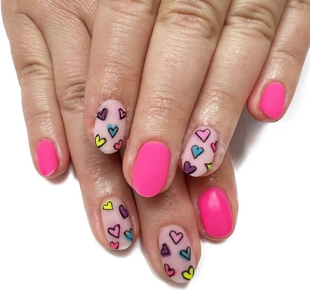 Valentine Press on Nails Short Round Fake Nails Barbie Pink False Nails Colorful Mini Heart Glue ... | Amazon (US)