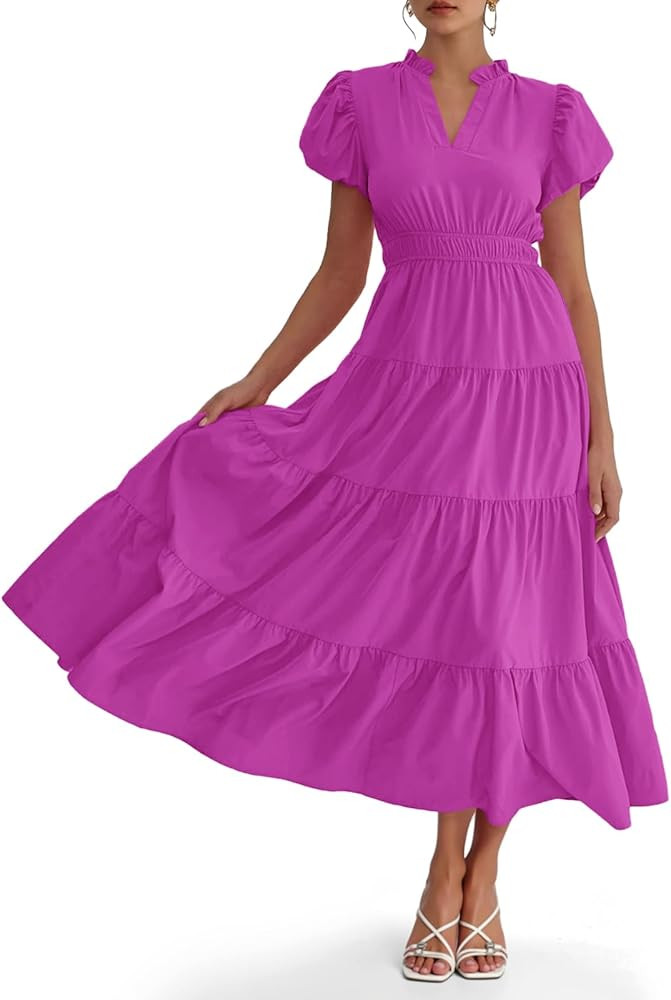 Wenrine Womens Summer Midi Dress Puff Short Sleeve V Neck Flowy Tiered Beach A-Line Dresses | Amazon (US)