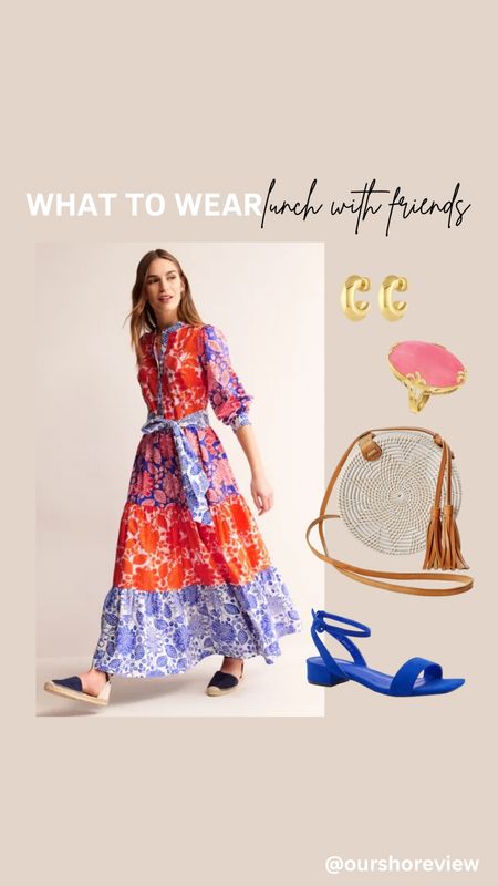 Elevate your lunch date style with this stunning ensemble! Slip into this gorgeous floral shirt dress featuring enchanting hues of blues and pinks, perfect for a springtime vibe. Pair it with chic cobalt blue shoes for a pop of bold color and accessorize with gold huggy earrings. Complete the look with a trendy round rattan crossbody bag and a chunky pink stone ring for added flair. Versatile enough for lunch with friends or special occasions like weddings or baby showers, this outfit exudes effortless charm and sophistication. Get ready to turn heads!

Boden dress, shirt dress, outfit for all ages, spring fashion style

#LTKwedding #LTKover40 #LTKshoecrush