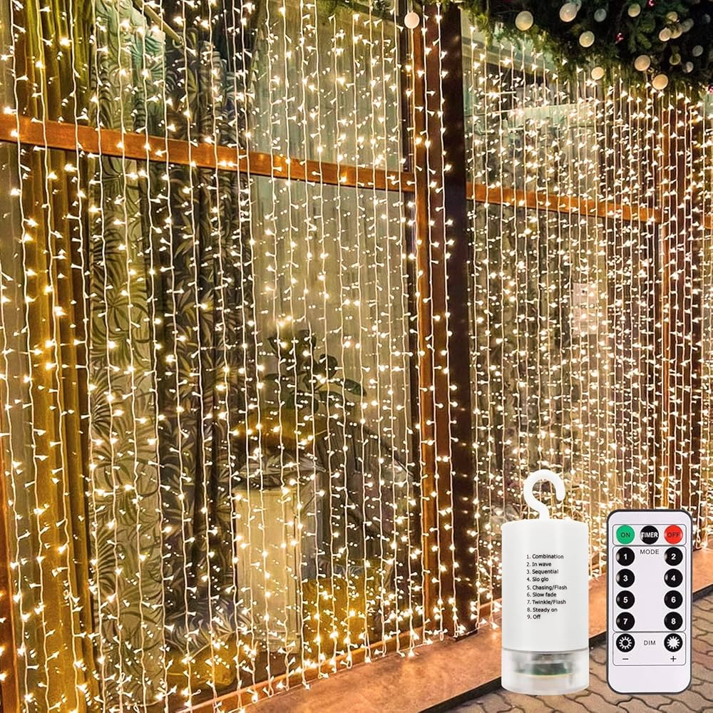 echosari 300 LED Curtain Lights Battery Operated, 9.8ft×9.8ft Hanging Lights with Remote Timer F... | Amazon (US)