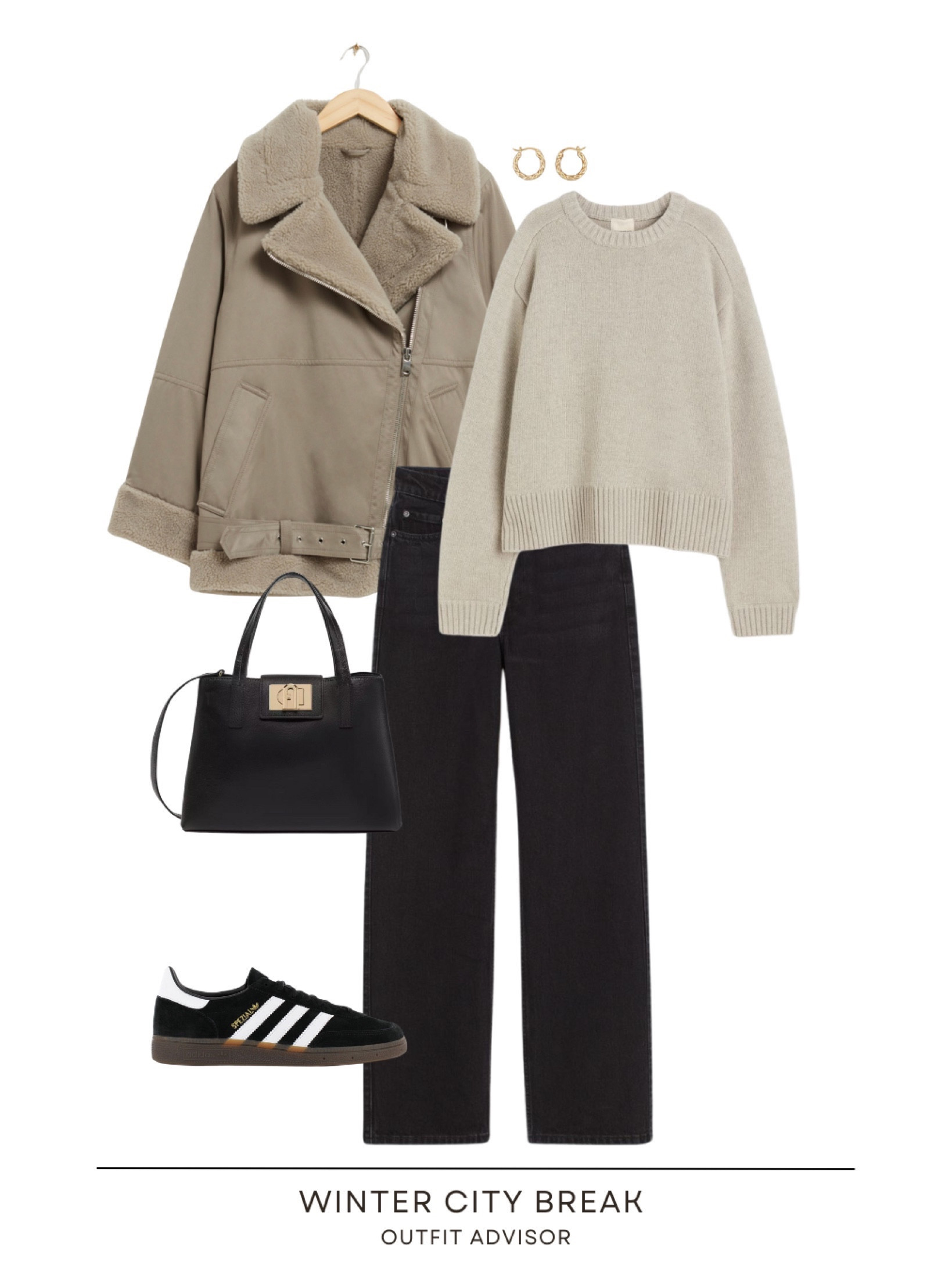 Warm winter ootd inspo: a fuzzy beige aviator jacket from &other stories, a beige knit from h&m, black jeans, a balck bag, gold earrings and adidas special sneakers 

#LTKstyletip #LTKmidsize #LTKshoecrush