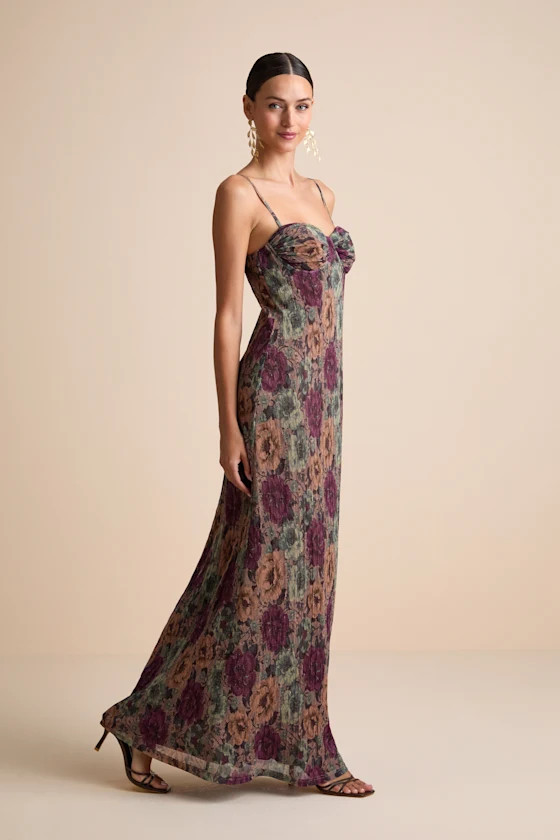 Kendlyn Taupe Multi Floral Plisse Maxi Dress | Lulus