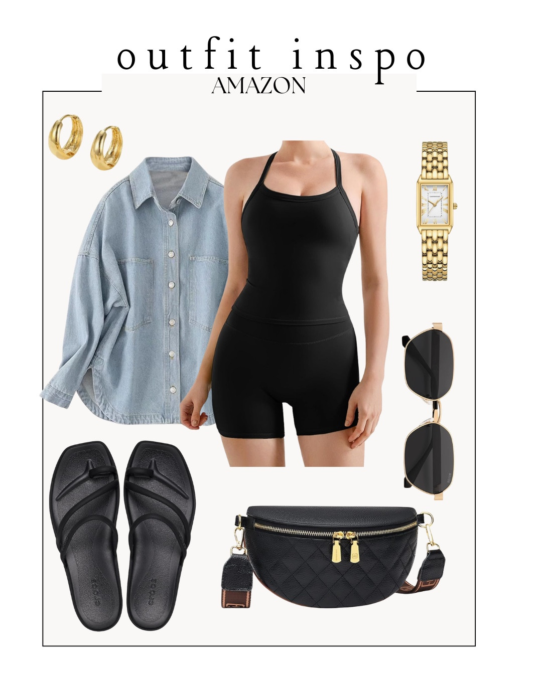 Amazon ootd — black 2 piece tank top and biker shorts set, denim button down shirt, black sandals, sling bag, and gold jewelry 







outfit inspo, outfit ideas, casual outfits amazon, amazon outfits every day, early spring outfits, chambray button down shirt, spring break outfit, vacation outfit 

#LTKootd #LTKSaleAlert #LTKPetite