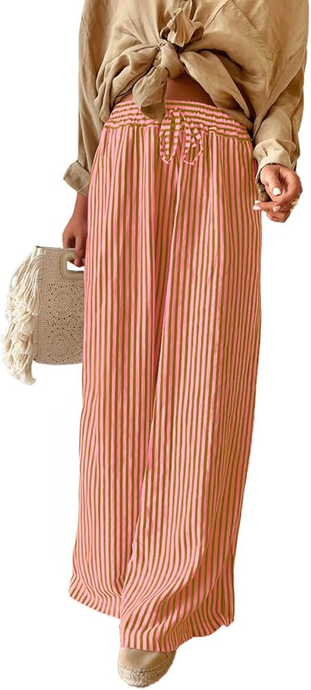 Acelitt Women Casual Drawstring Elastic Waist Striped Wide Leg Pants with Pockets, S-XXL | Amazon (US)