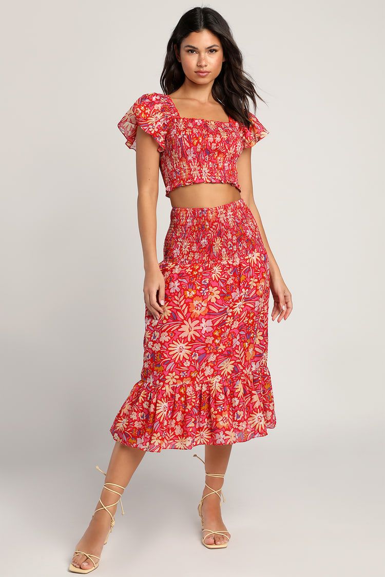 Sunlit Summer Red Floral Print Two-Piece Smocked Midi Dress | Lulus (US)