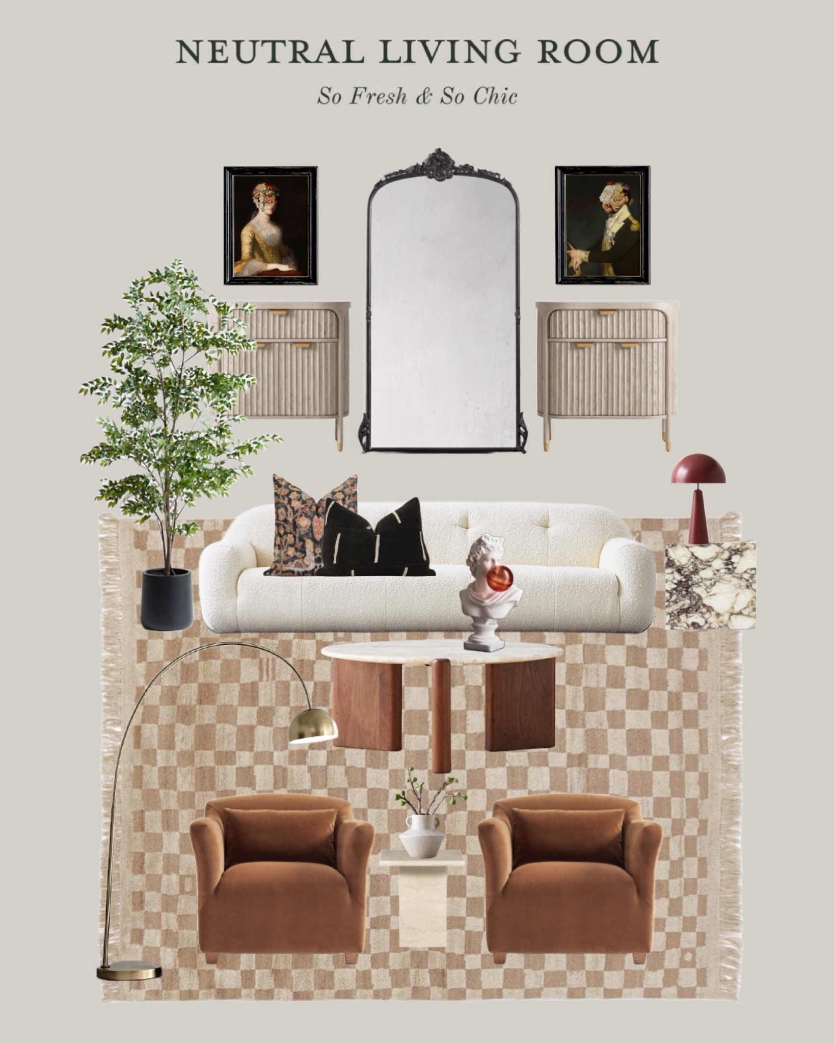 Neutral living room mood board.
-
Neutral decor - checkered rug - brown velvet arm chairs - marble plinth side table - travertine accent table - offwhite boucle sofa - maroon table lamp - faux ficus tree - vintage altered portrait art - affordable wall art - ornate floor mirror - round marble and wood coffee table - whimsical Grecian bust blowing bubble - black throw pillow - textured vintage printed throw pillow - light wood cabinet - entryway cabinet - Lulu and Georgia Sarah Sherman Samuel rug - Jake Arnold Crate and Barrel armchairs - etsy art - etsy home decor - West Elm coffee table - Crate and Barrel faux tree - Design Within Reach marble table - living room decor - luxury living room decor 

#LTKsalealert #LTKhome
