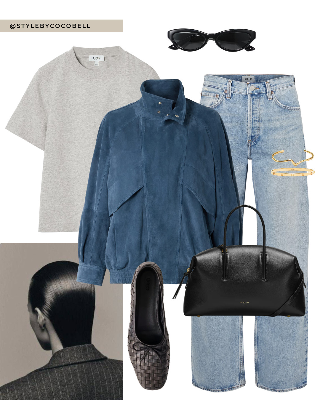 blue suede jacket, blue suede bomber, grey basic t shirt, COS tee, agolde 90s jeans, light wash straight leg jeans, woven leather flats, ballet flats, black structured handbag, top handle bag, gold cuff bracelet, minimal gold jewelry, black cat eye sunglasses, navy and denim outfit, elevated everyday look, chic spring layers, timeless capsule pieces, effortless parisian style 

 

#LTKspring