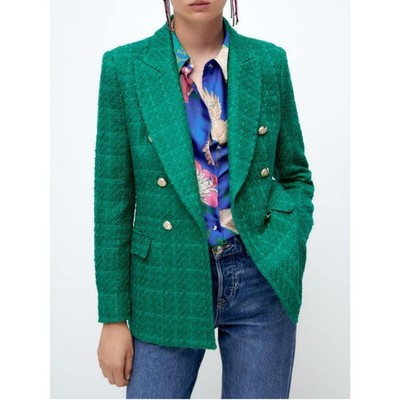 Zara Green Blazer Tweed Structured Double Breasted Silver Button Lined size XS | eBay | eBay US