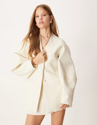 ASOS DESIGN cocoon sleeve collarless blazer and shorts set in buttermilk | ASOS (Global)
