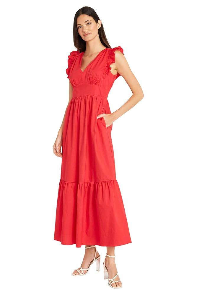 Maggy London Women's V-Neck Ruffle Details Cotton Poplin Maxi Dress | Amazon (US)