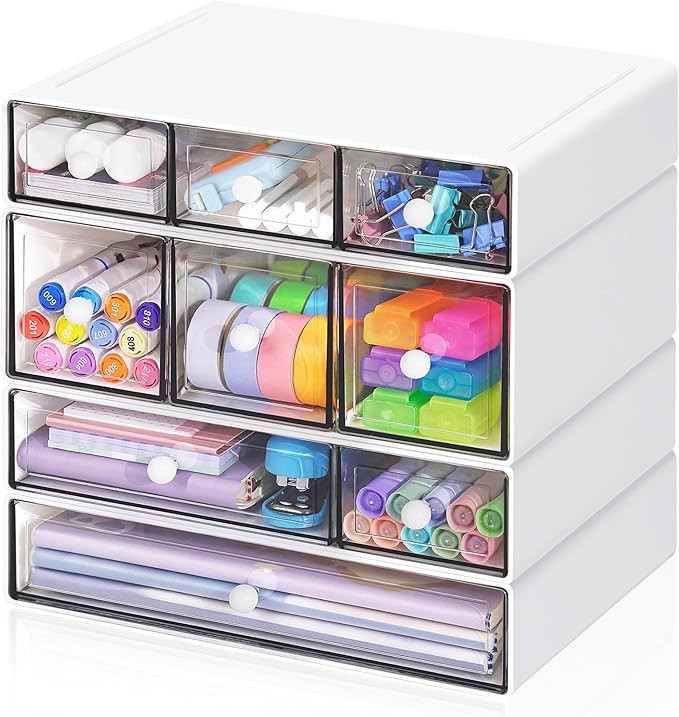 Desk Storage Organizer with 9 Drawers, 4 Tiers Stackable Desktop Craft Storage Drawers, Clear Sto... | Amazon (US)