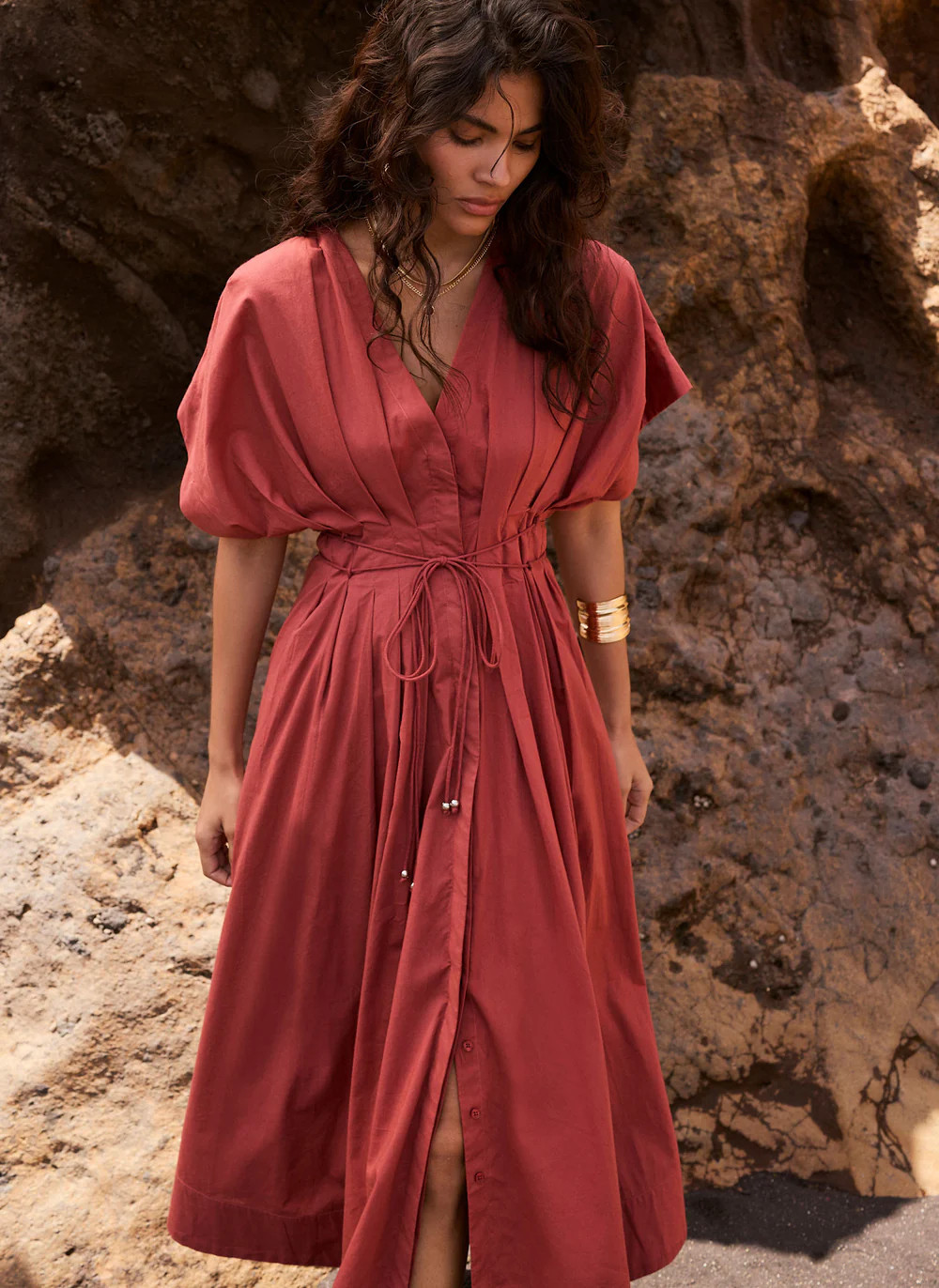 Rust Red Cotton Tie Waist Midi Dress | Mint Velvet