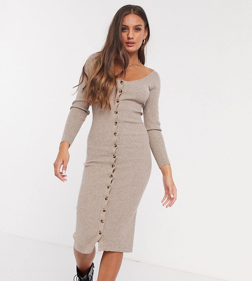 Fashion Union Petite knitted midi dress with button front-Beige | ASOS (Global)