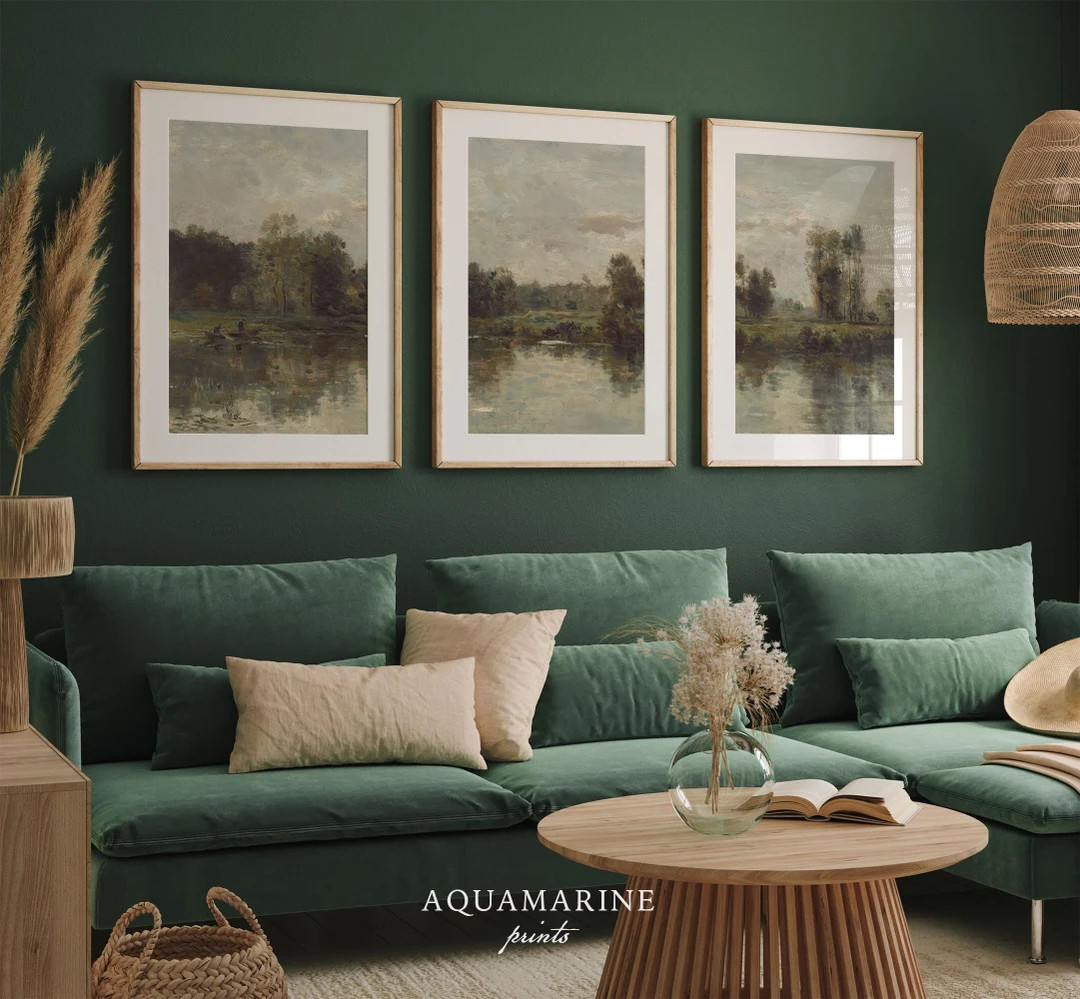 Landscape Prints Set, Vintage Landscape Set, River Painting, Water Landscape, Trees and Clouds, L... | Etsy (US)