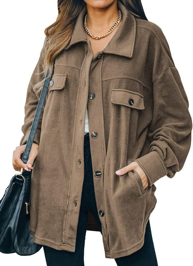 Astylish Women 2023 Casual Coat Long Sleeve Shacket Shirts Jacket with Pockets | Amazon (US)