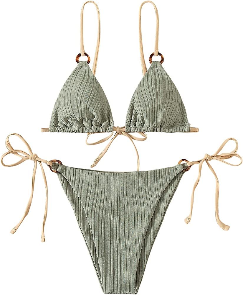 SheIn Women's 2 Piece Swimsuit Tie Side Bathing Suit Triangle String Bikini Sets Thong Bikini Swimsu | Amazon (US)