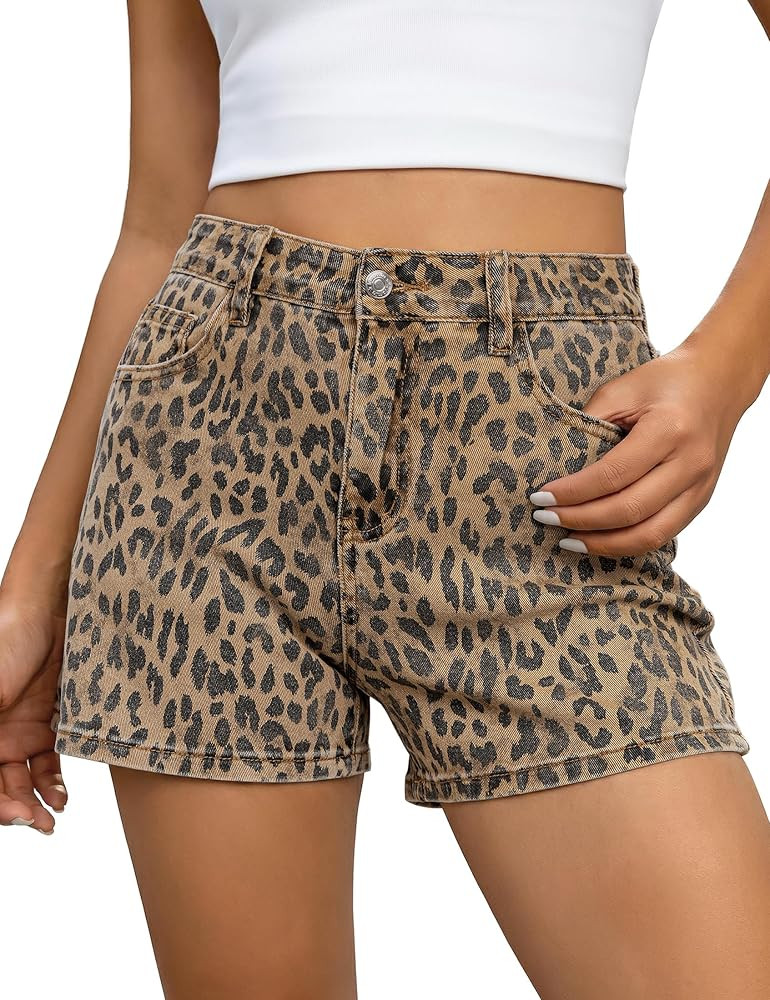 Jean Shorts for Women Trendy High Waisted Cheetah Leopard Animal Print Stretchy Denim Shorts Summ... | Amazon (US)
