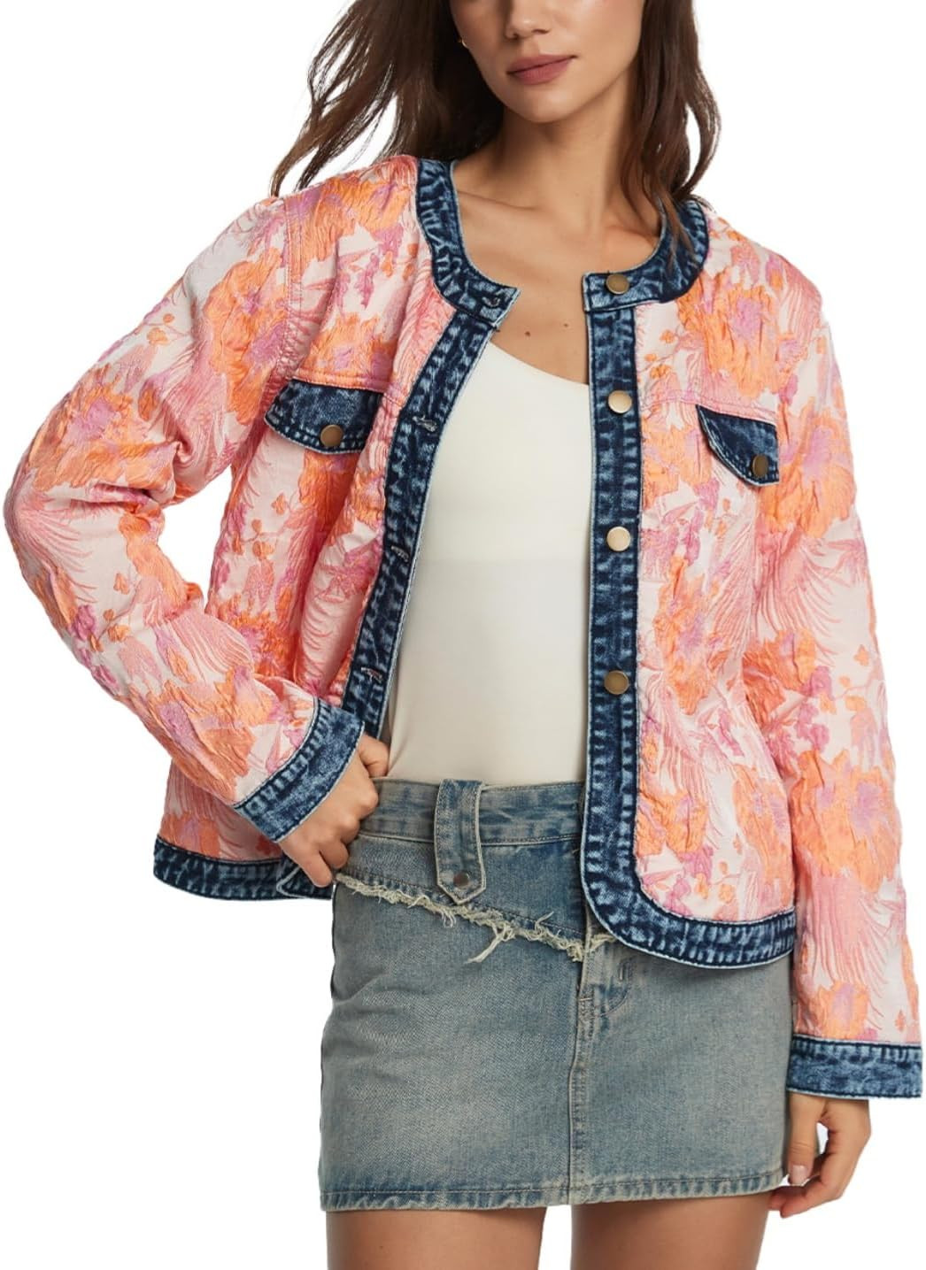 Women's Floral Denim Jacket Long Sleeve Cropped Jacquard Jean Jacket Crewneck Button Down Casual Denim Fall Coats | Amazon (US)