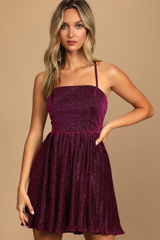 Party Era Magenta Sparkly Lace-Up Pleated Skater Dress | Lulus (US)