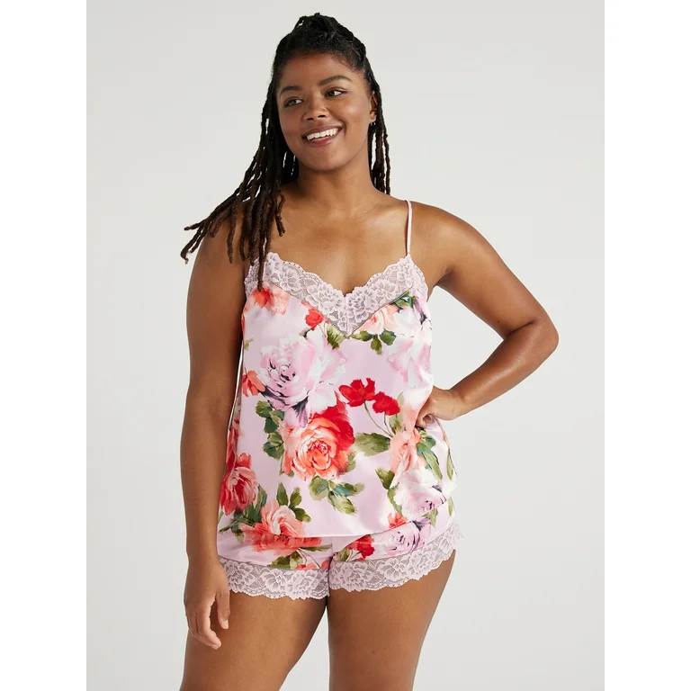 Joyspun Women’s Lace Trim Satin Cami Set, Sizes S to 3X - Walmart.com | Walmart (US)
