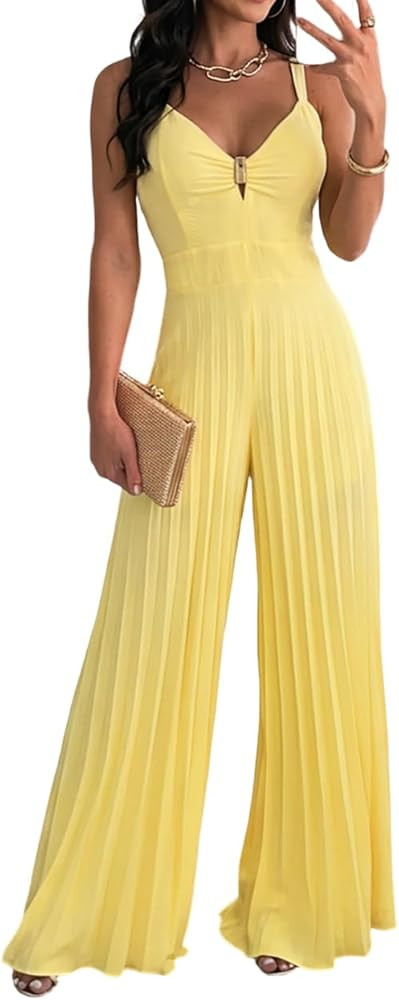 CHICME Women 2026 Sleeveless Deep V Sling Jumpsuit High Waist Pleated Jumpsuit Casual Beach Party... | Amazon (US)
