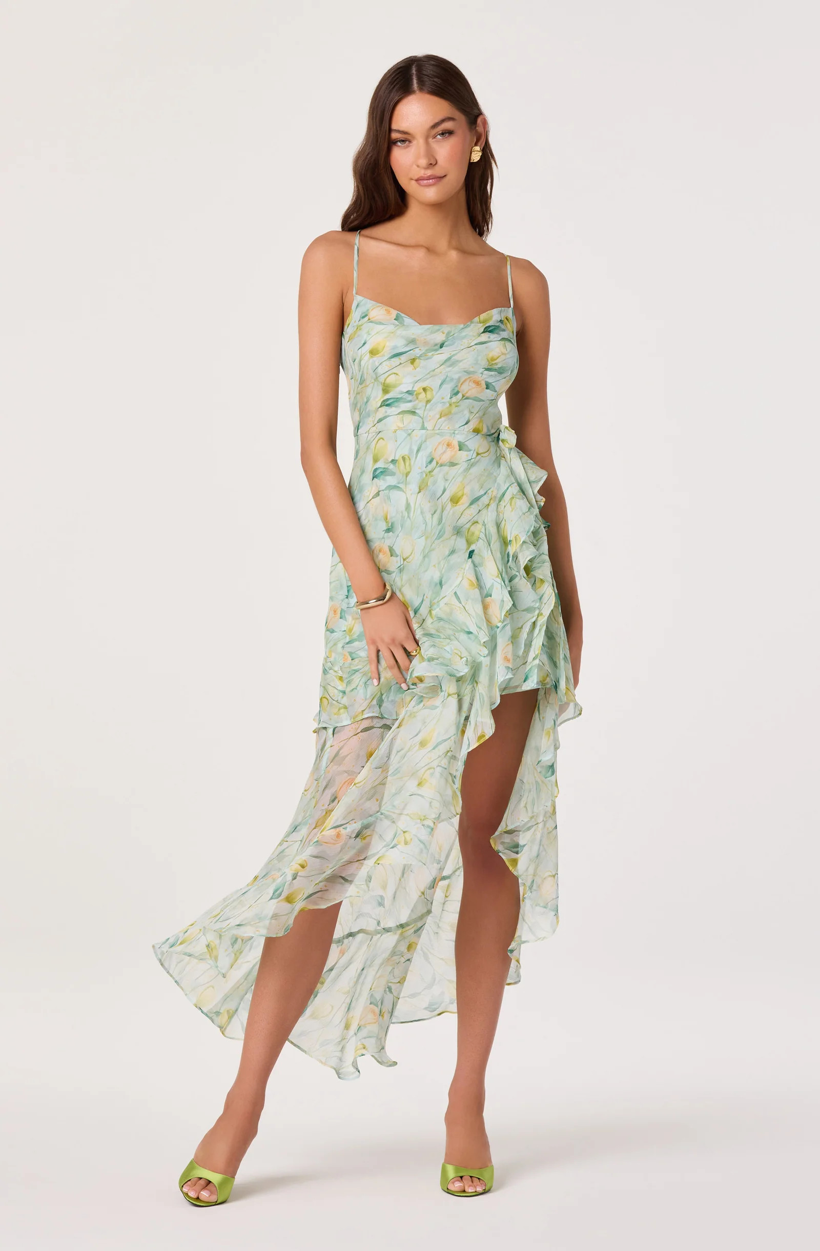 Candace Cowl Neck High-Low Chiffon Dress - Green floral / XS | ASTR The Label (US)