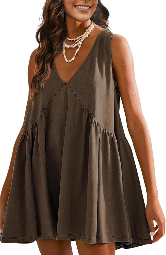 OPCAKM Women's V Neck Sleeveless Mini Dress Loose Summer Pleated Swing Flowy Sundress | Amazon (US)