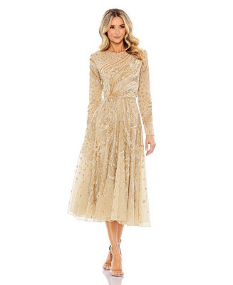 Mac Duggal Women's Embellished Illusion High Neck Long Sleeve Dress - Macy's | Macy's