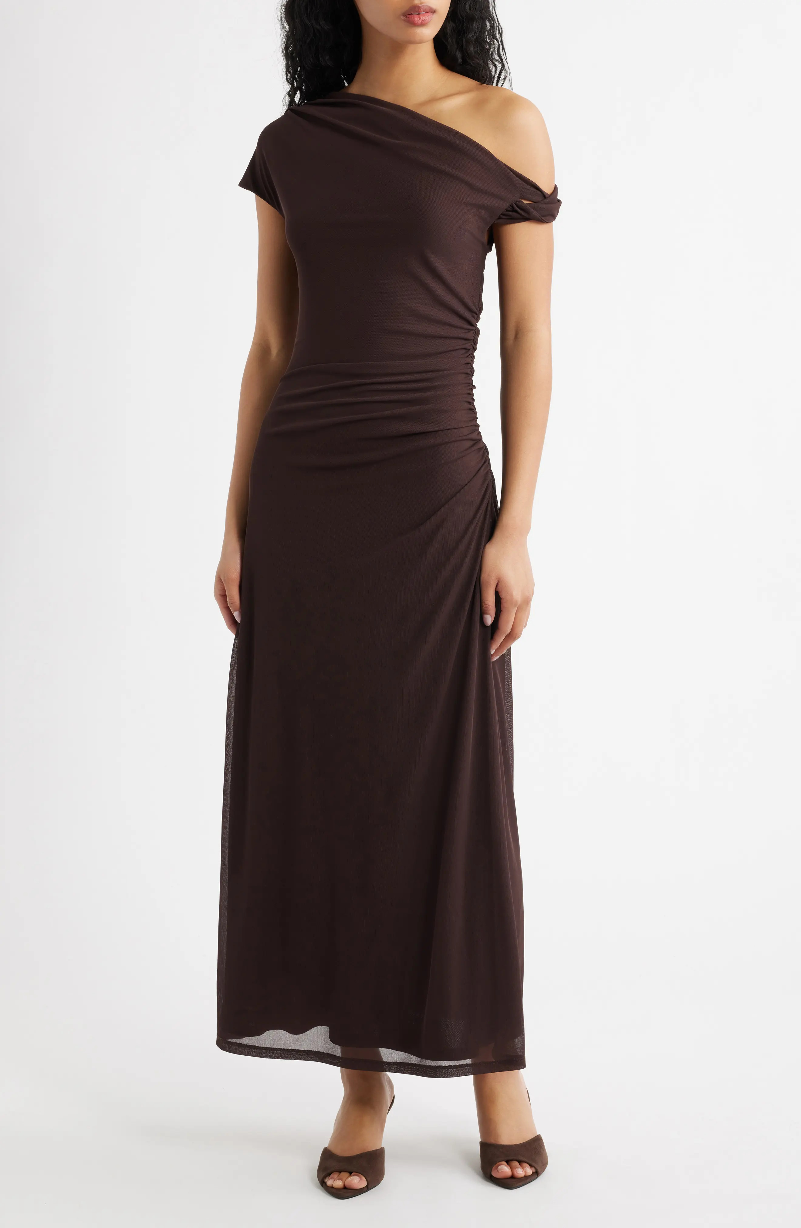 Ever New Paris Asymmetric Mesh Dress in Chocolate at Nordstrom, Size 8 | Nordstrom