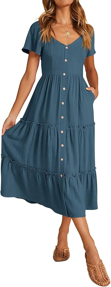 KIRUNDO Womens Summer Dresses 2024 Casual Short Sleeve Button V Neck Tiered A Line Flowy Beach Mi... | Amazon (US)