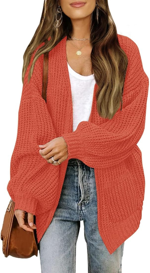 MEROKEETY Women's Open Front Long Lantern Sleeve Cardigan Oversized Chunky Outwear with Pocket | Amazon (US)
