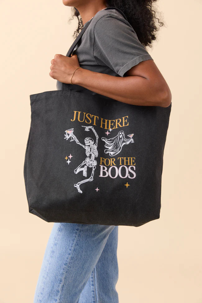 Just Here For The Boos Washed Black Graphic Tote Bag | Pink Lily