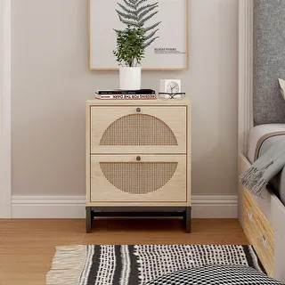 Natural Rattan Nightstand with 2 Drawers, Modern Wood Side Table | Bed Bath & Beyond