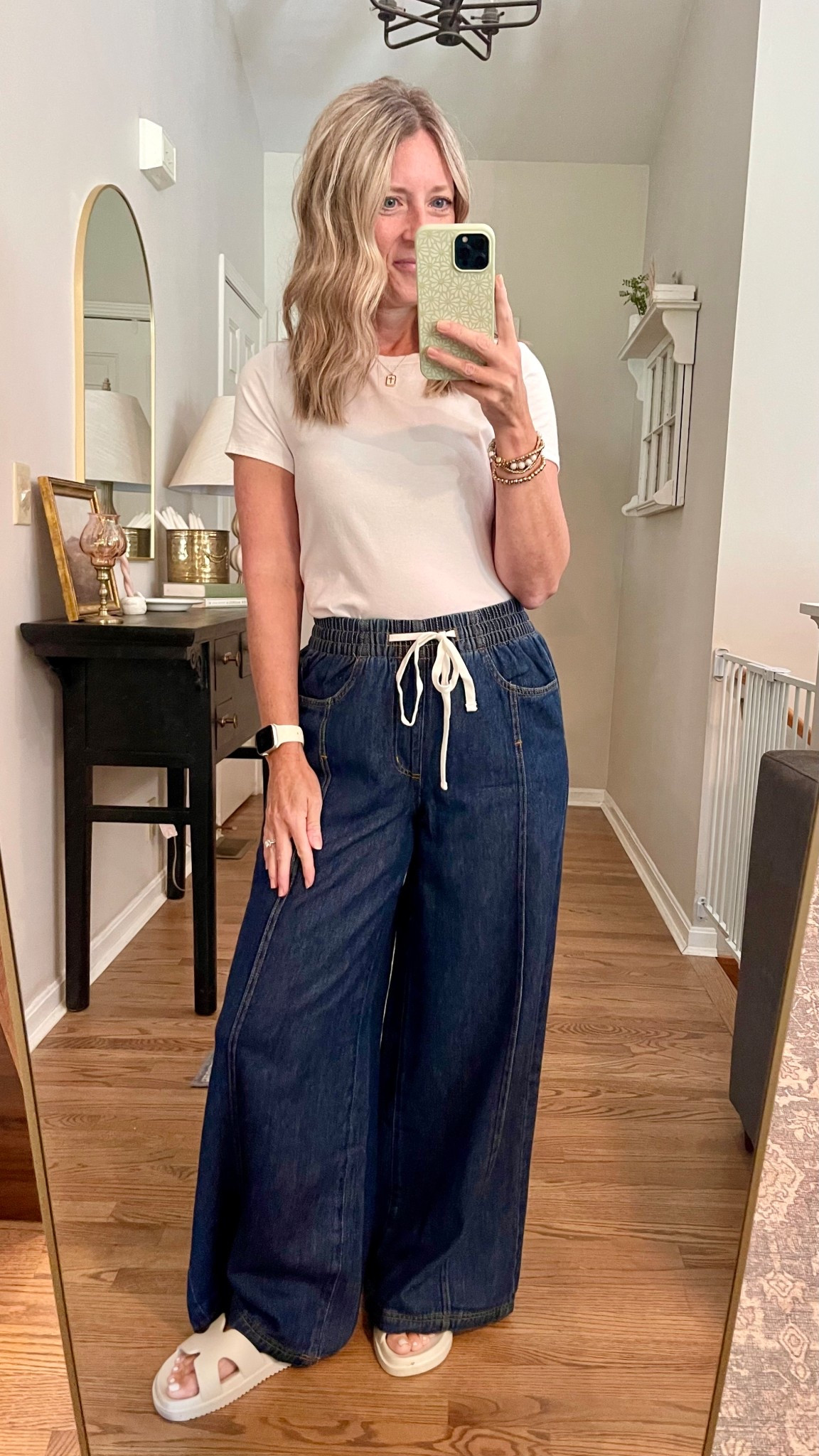 OOTD-Pants currently on sale for 30% off!

Target pull on denim pants-Small
Runs big, size down. 5’6 for reference 
Old Navy Bestee crop tee-medium
Target sandals-tts 

#LTKFindsUnder50 #LTKSaleAlert #LTKStyleTip