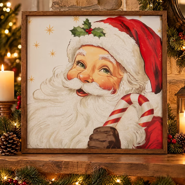Santa with Candy Cane Framed Christmas Wall Art, Multicolor, 22" x 22", by Holiday Time | Walmart (US)