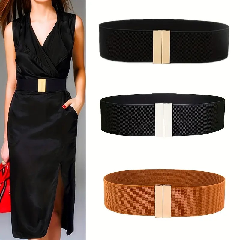 Metal Buckle Wide Belt Monochrome Stylish Stretch Waistband - Temu | Temu Affiliate Program