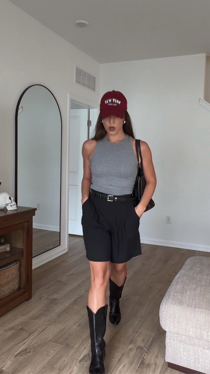 tailored shorts and black cowboy boots for that perfect touch of fall.

#falltransitionoutfit #falltransition #ootd #cowboyboots  #thriftedstyle #momstyleinspo  #earlyfallfashion