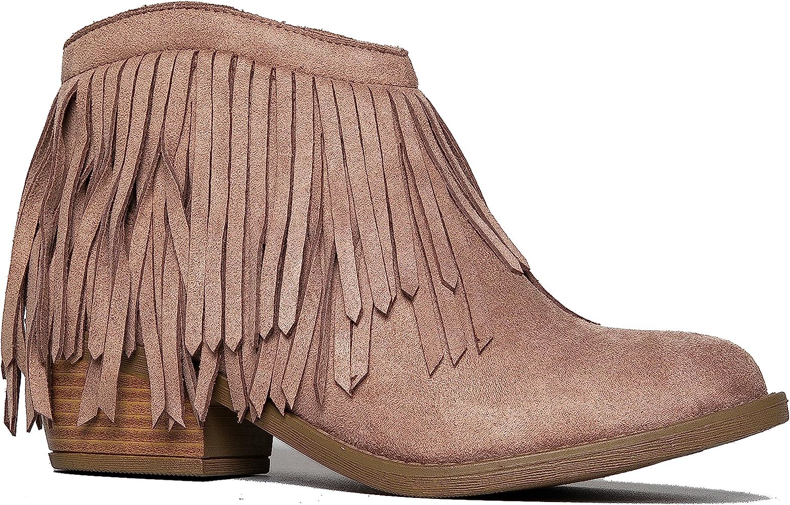 Soda Fringe Ankle Boot- Western Cowgirl Closed Toe Bootie - Low Heel Casual Comfortable Cowboy Wa... | Amazon (US)