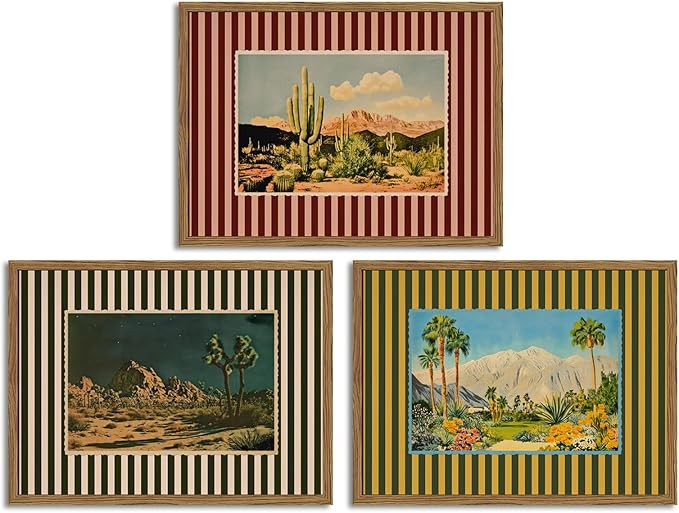 Framed Vintage Western Nature Landscape Wall Art Set of 3, Striped Postcards Southwest Desert Cac... | Amazon (US)