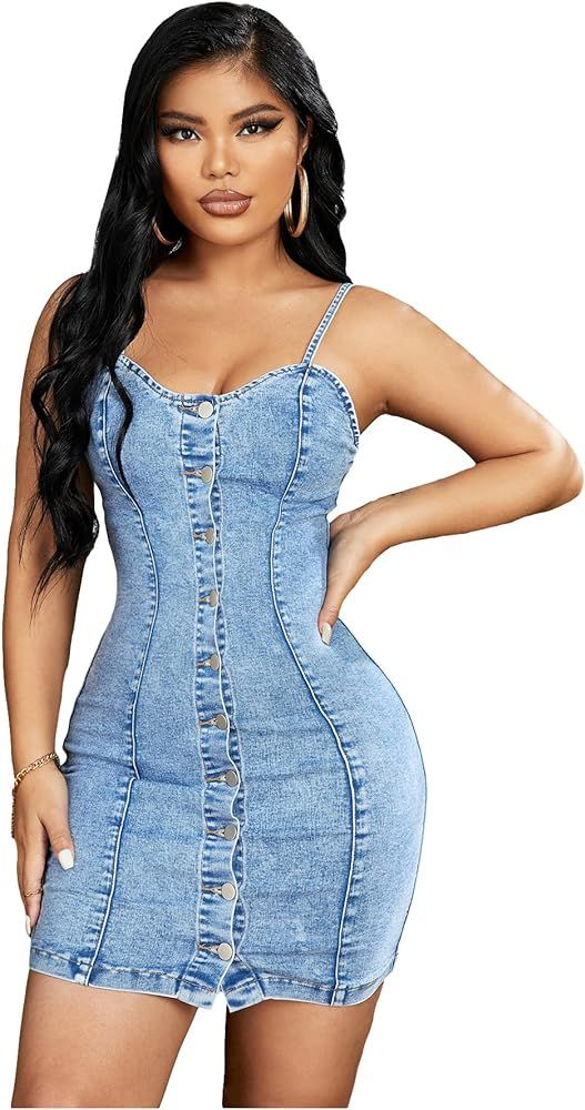 Floerns Women's Adjustable Spaghetti Strap Button Up Mini Denim Bodycon Dress | Amazon (US)
