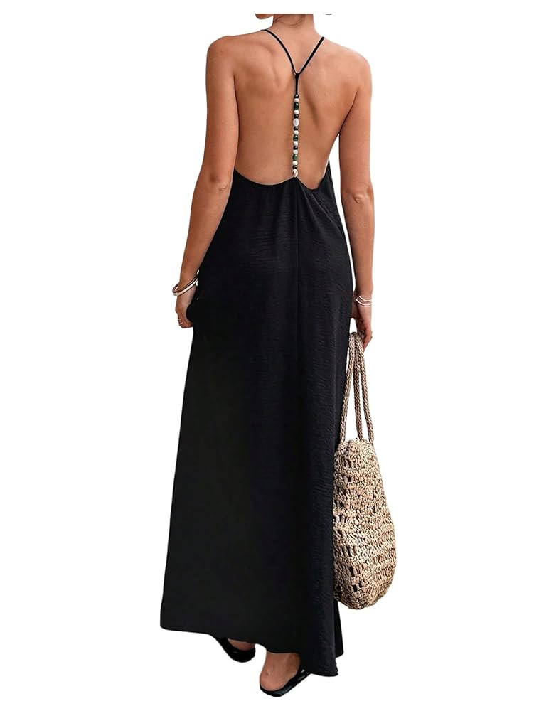 Verdusa Women's Linen Dresses Backless Flowy Long Maxi Dresses Beaded V Neck Vacation Maxi Dress | Amazon (US)