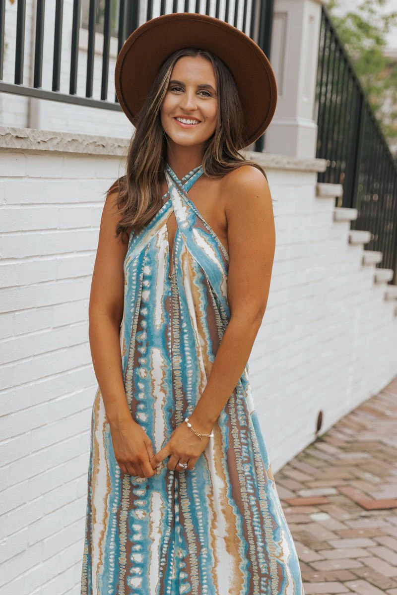 Teal Print Cross Front Halter Jumpsuit | Magnolia Boutique