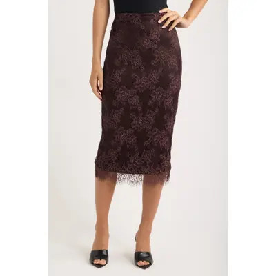 HOUSE OF CB Serelle Floral Lace Overlay Midi Skirt in Chocolate Brown at Nordstrom, Size Small | Nordstrom