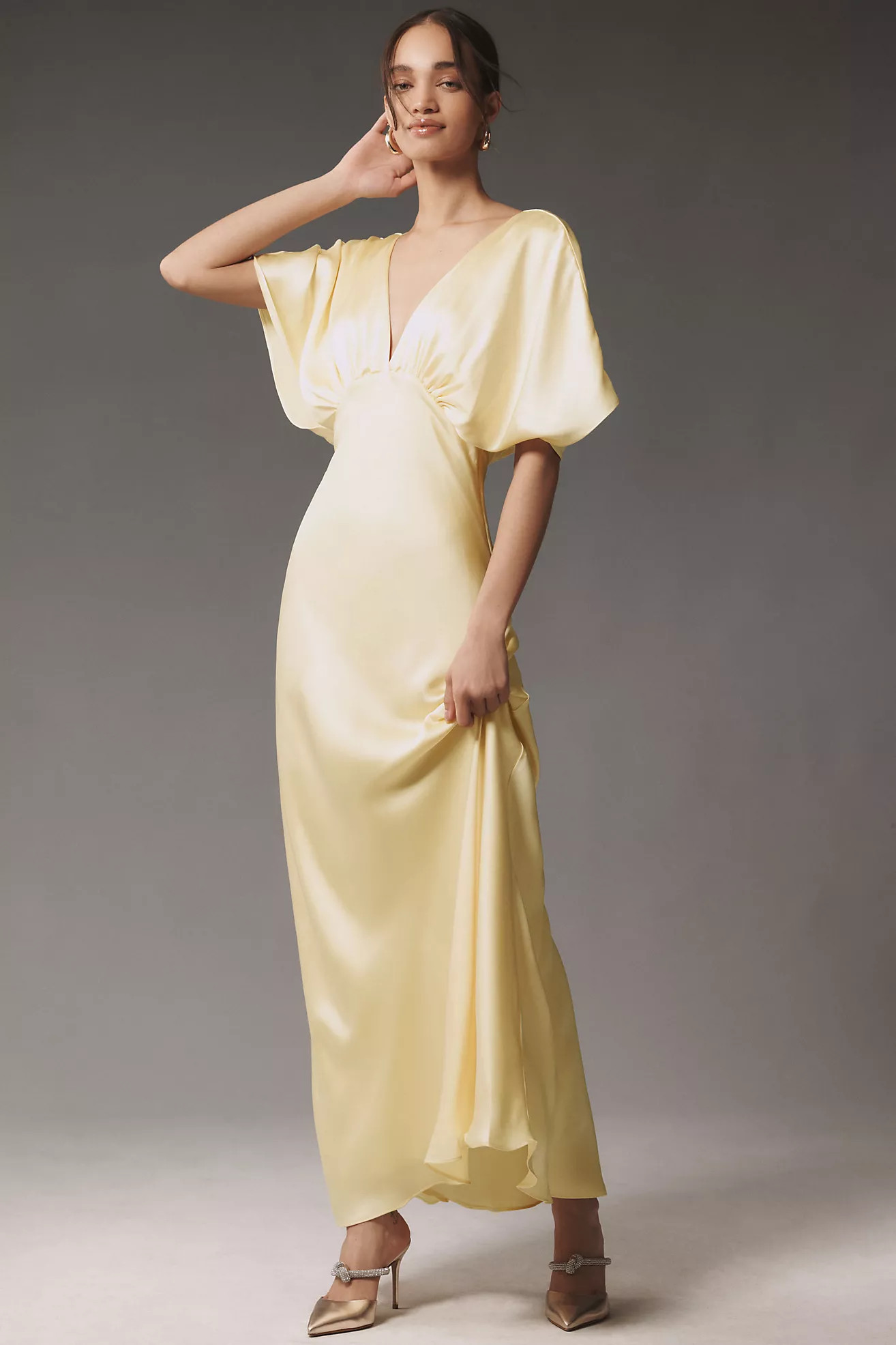BHLDN Amelia Deep-V Flutter-Sleeve Satin A-Line Gown | Anthropologie (US)