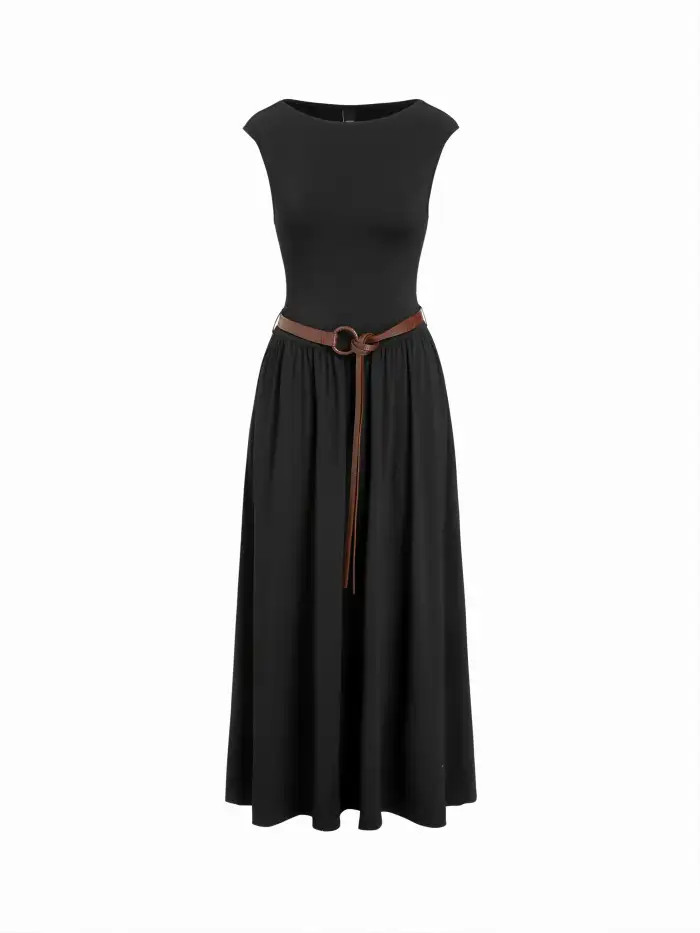 Knit Fabric High Stretch Boat Neck Pocket A-line Maxi Dress With Belt For Daily Casual Work | Cider