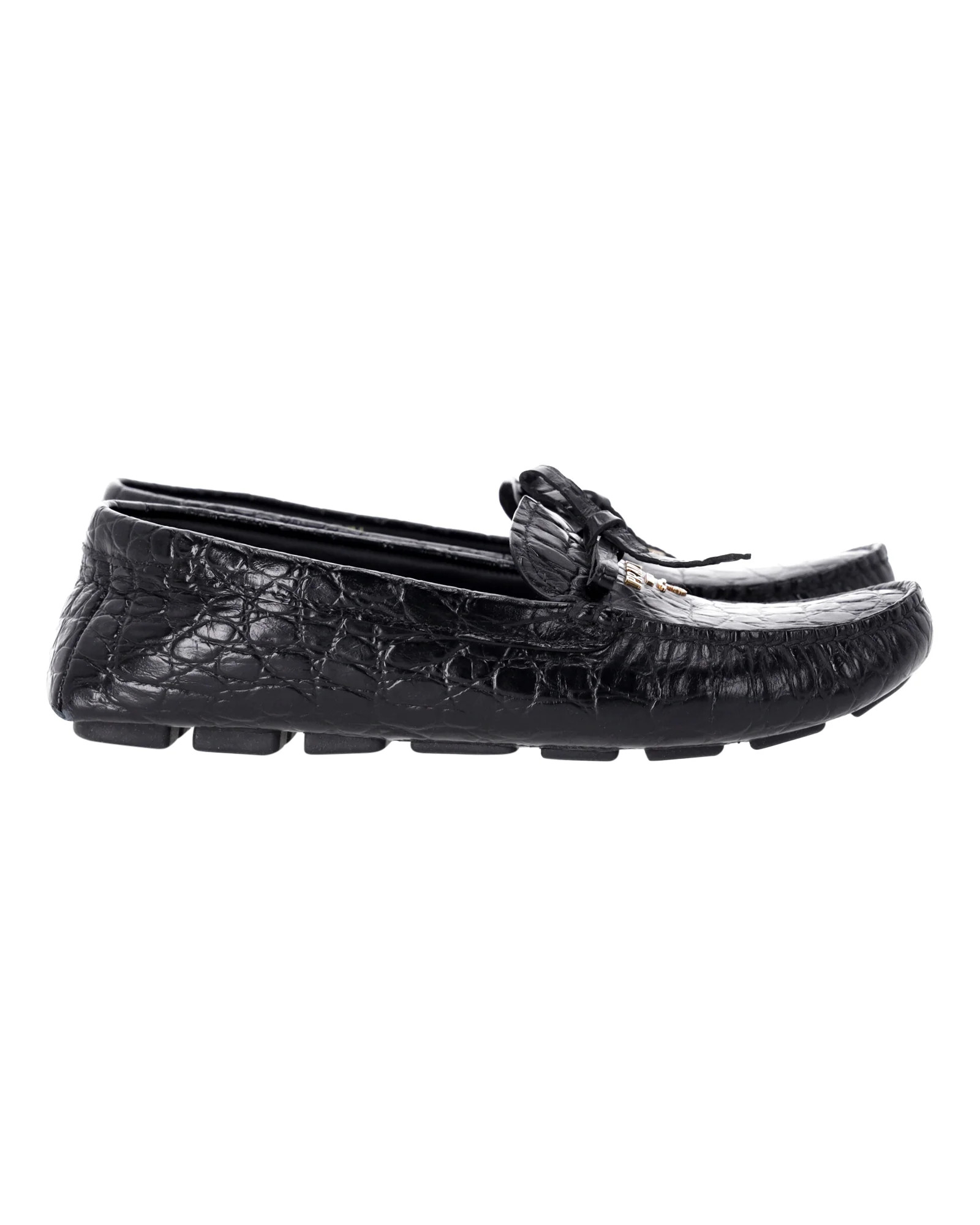 Prada Bow Loafers in Black Croc-Embossed Leather | Shop Simon