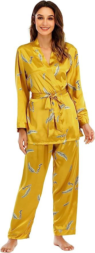 Escalier Women's Silk Satin Pajamas Set 3 Pcs Floral Silky Pj Sets Sleepwear Cami Nightwear with ... | Amazon (US)